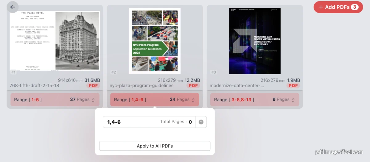 Elimina pagine - Quando inserisci più PDFs, personalizza la selezione delle pagine per ogni PDF